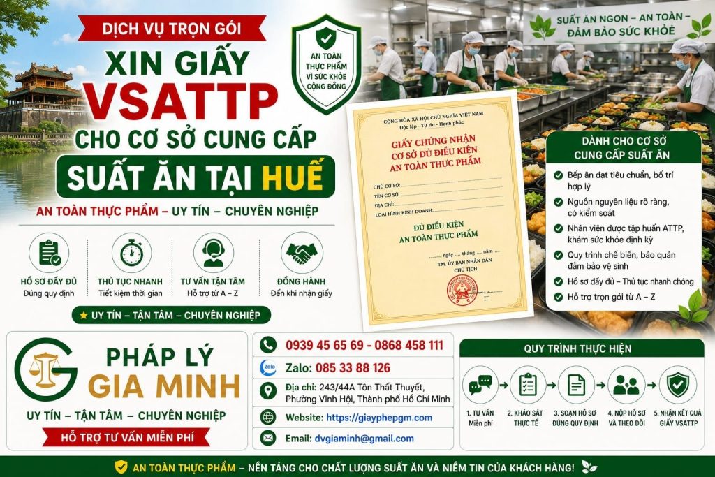 Xin giấy VSATTP cho cơ sở cung cấp suất ăn tại Huế